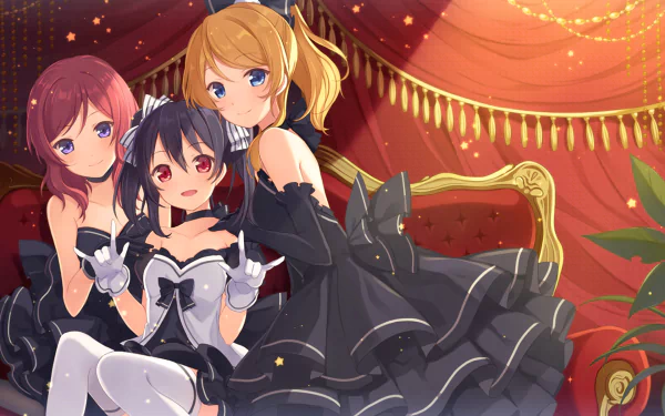 HD anime desktop wallpaper featuring Maki Nishikino, Eri Ayase, and Nico Yazawa from Love Live! in elegant black dresses against a luxurious red and gold backdrop.