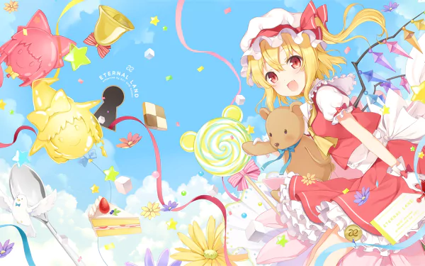 HD anime-style Touhou desktop wallpaper featuring a cheerful girl with wings, holding a teddy bear amid colorful sweets and festive decorations against a bright blue sky.