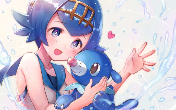 HD desktop wallpaper featuring Lana from Pokémon: Sun and Moon hugging Popplio. Splashing water and a pink heart add dynamic elements to the vibrant and cheerful scene.