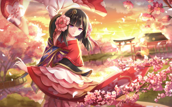 Anime-style Onmyoji character in vibrant traditional attire, surrounded by cherry blossoms and a glowing sunset, designed as an HD PC desktop wallpaper background.