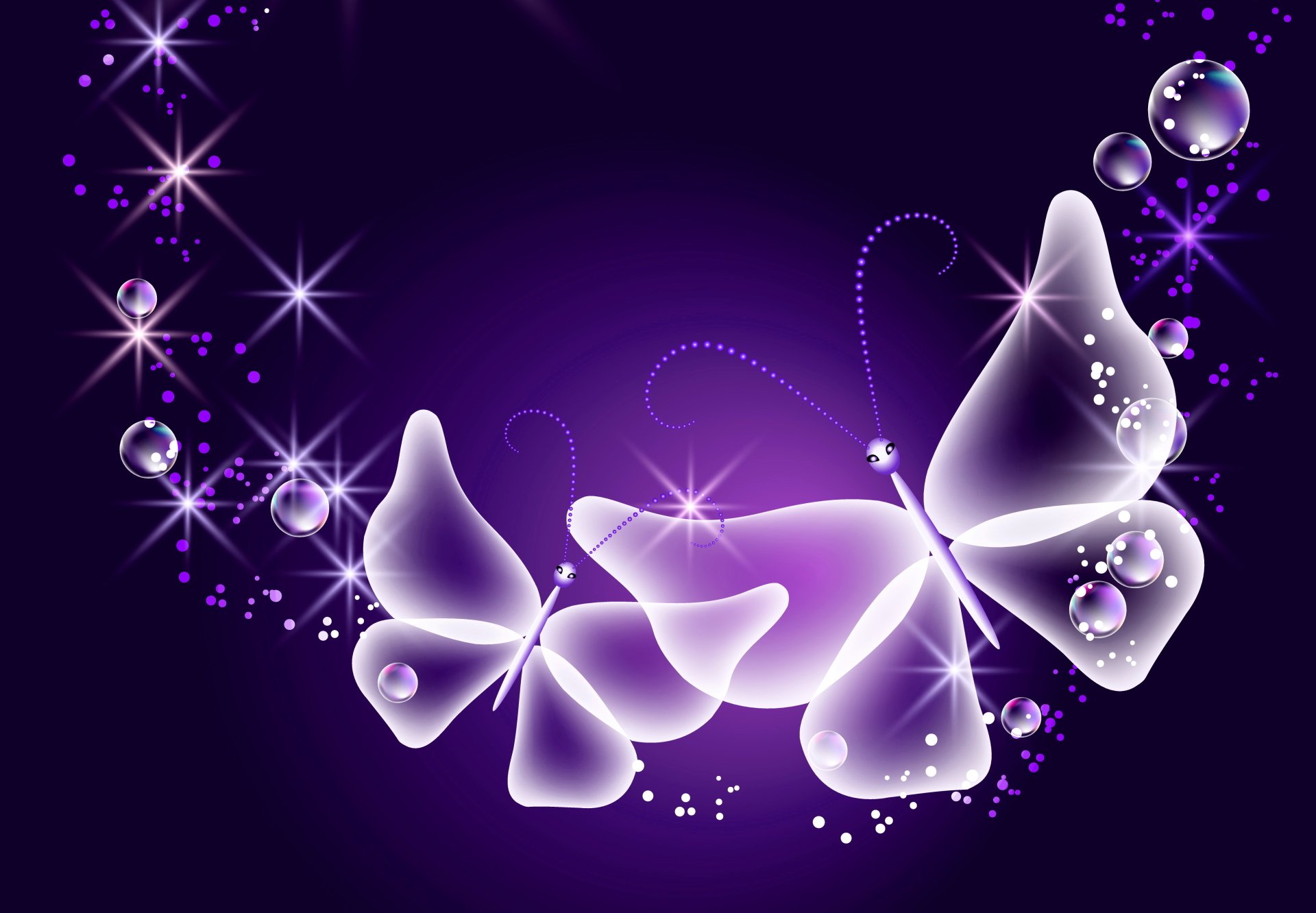 A 4K Ultra HD artistic desktop wallpaper featuring translucent purple butterflies, sparkling bubbles, and twinkling sparkles on a deep purple background.
