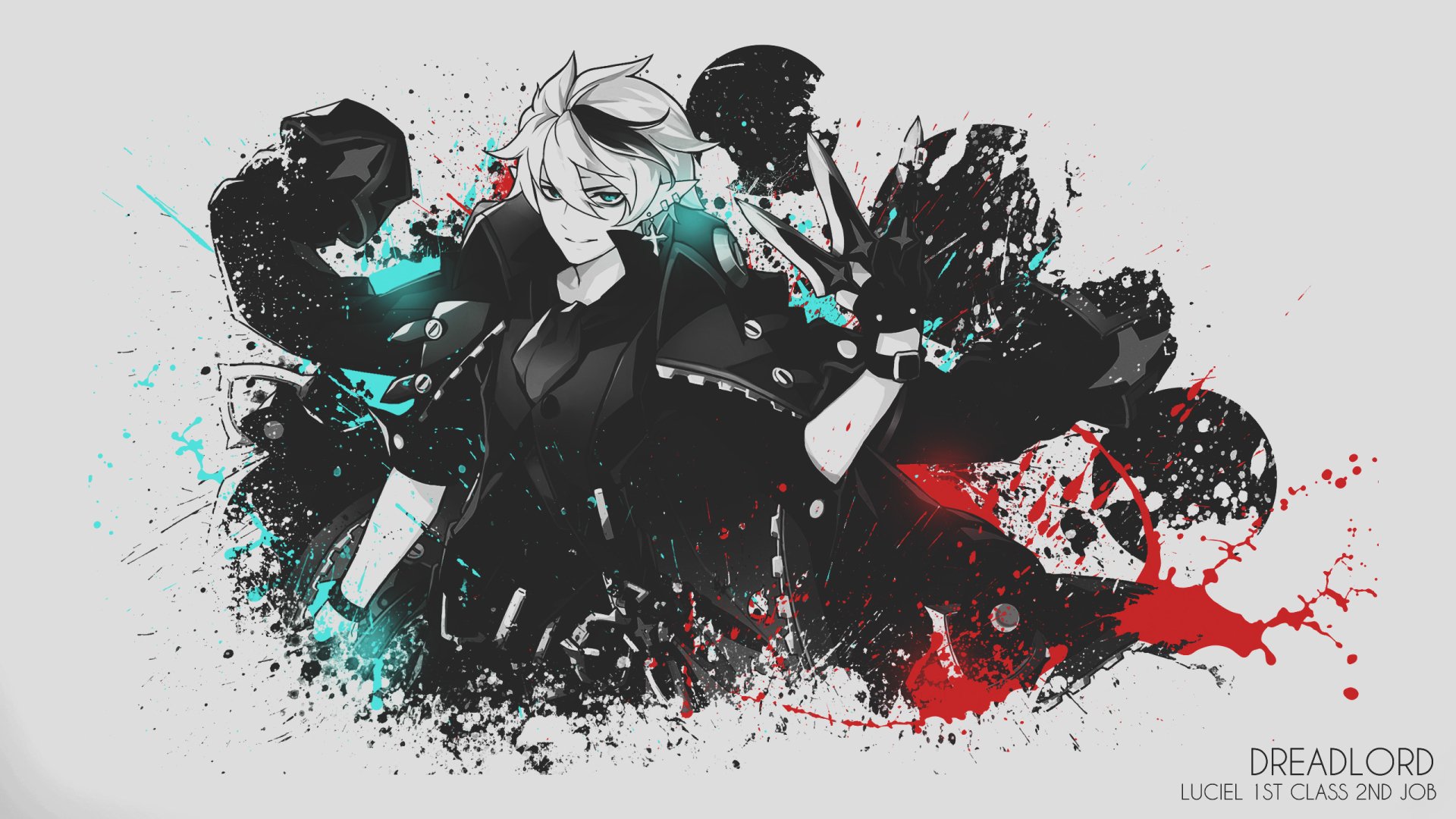 HD PC desktop wallpaper featuring a dynamic, stylized character from the video game Elsword with bold black, white, and red splashes.