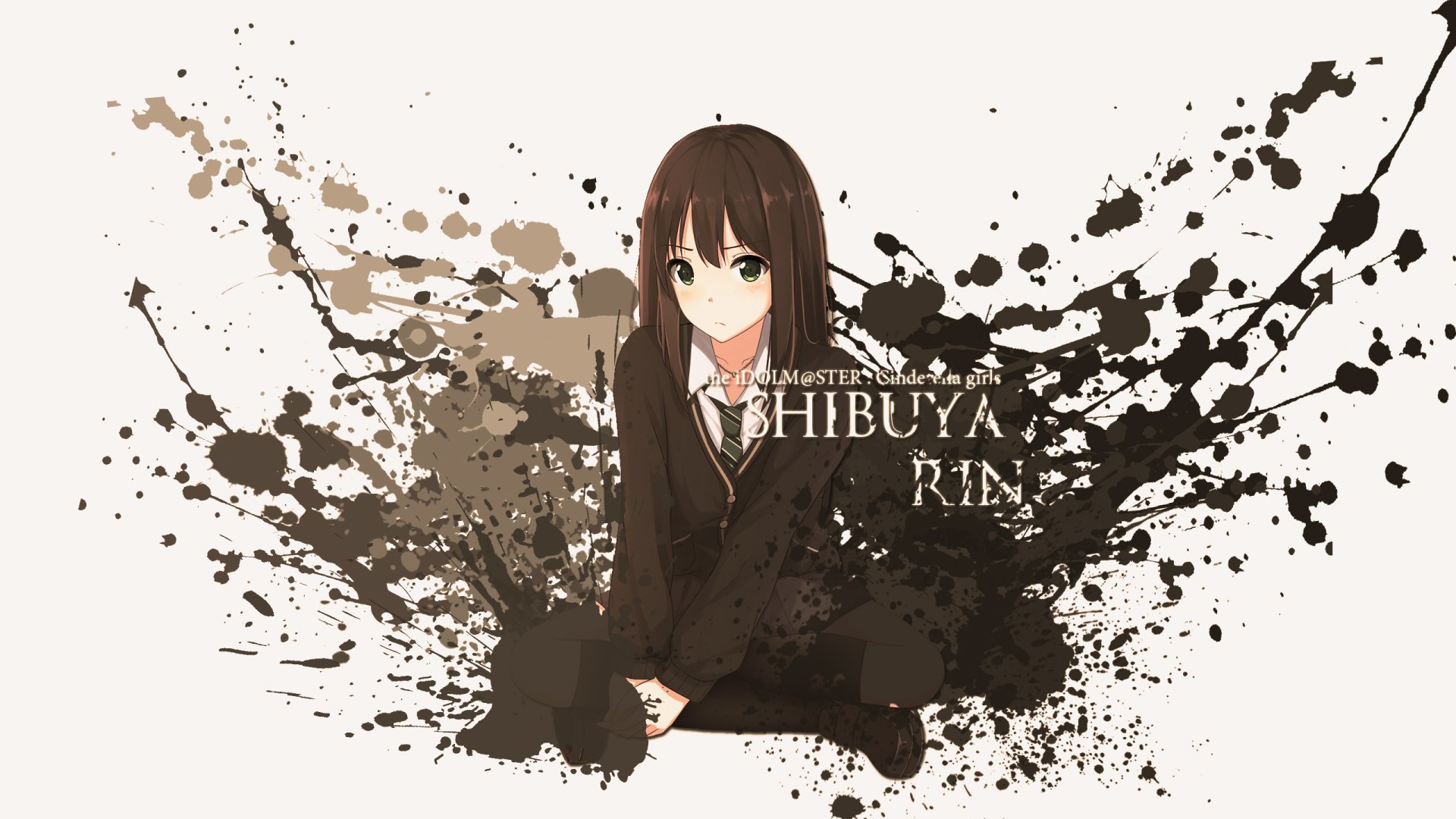 Anime 2K Quad HD PC desktop wallpaper of The iDOLM@STER Cinderella Girls — Shibuya Rin in a school uniform, sitting against a brown ink-splatter background.