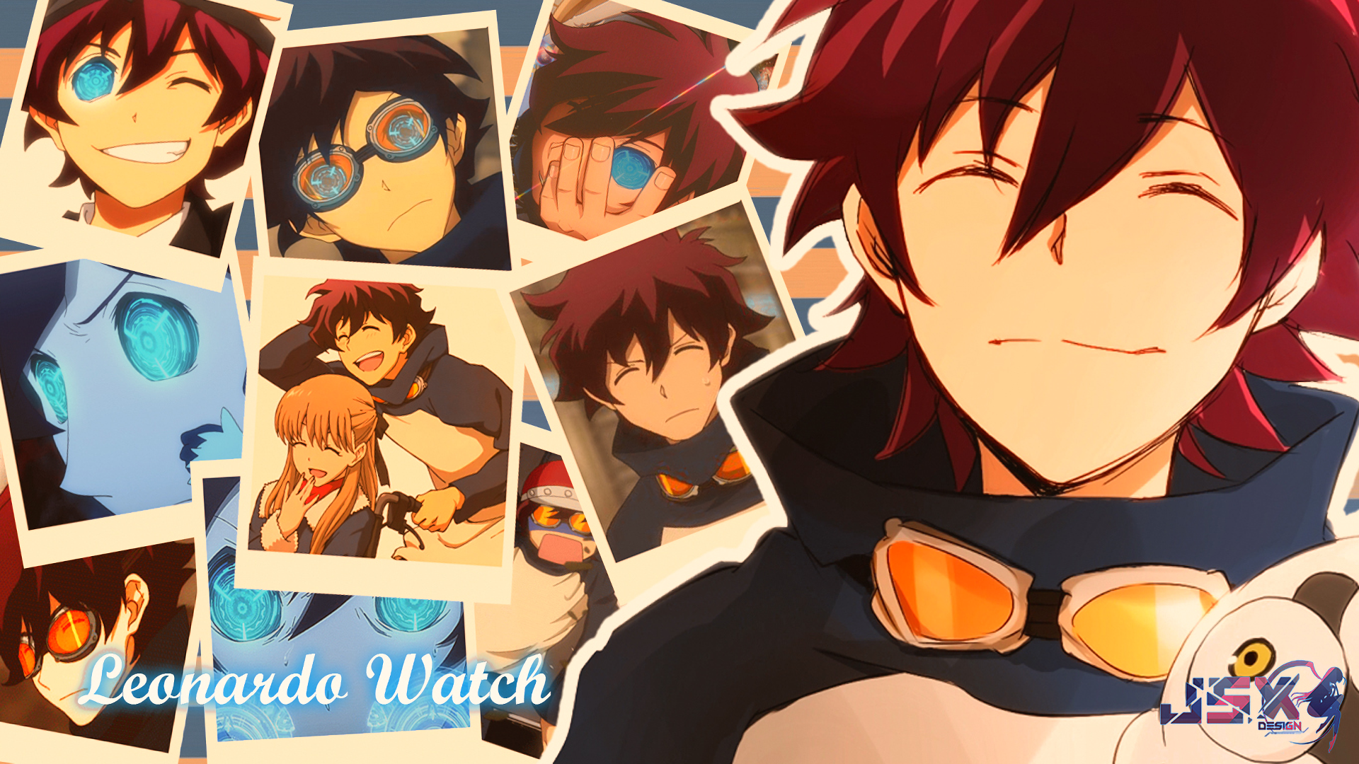 HD anime desktop wallpaper featuring Leonardo Watch from Blood Blockade Battlefront smiling, surrounded by smaller images of various characters from the series.