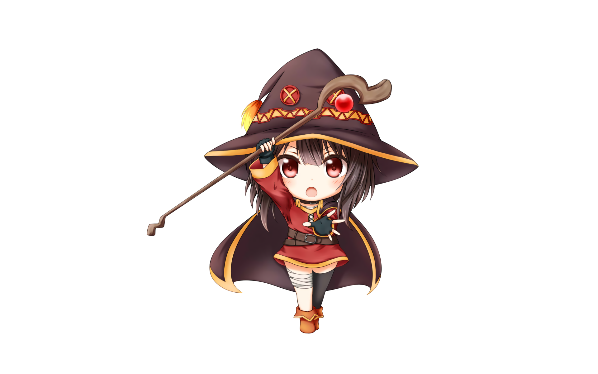 HD desktop wallpaper of Megumin from KonoSuba - God's blessing on this wonderful world!! Adorable anime character in signature wizard outfit with a staff in hand, art style depicting her charming essence.