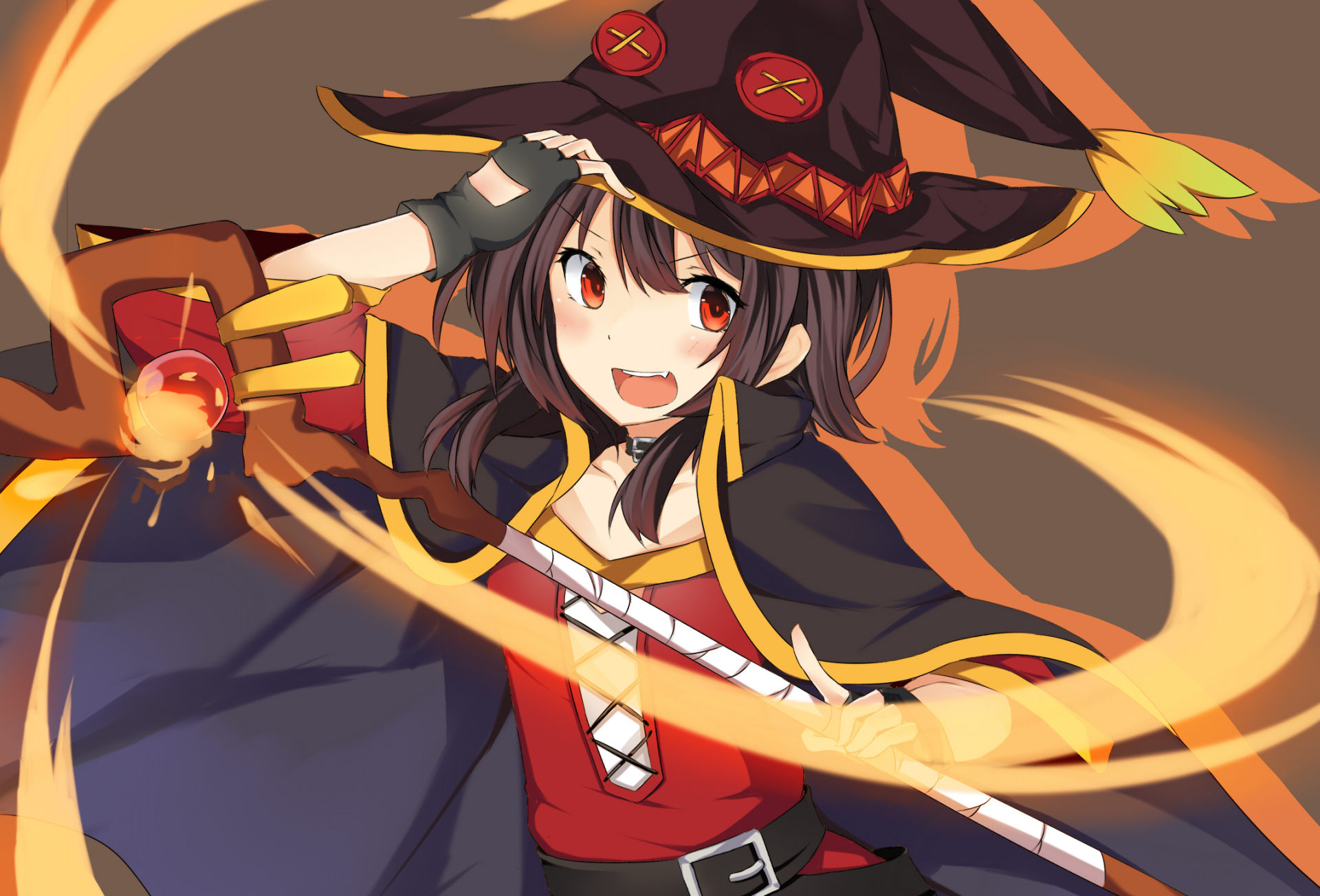 HD desktop wallpaper featuring Megumin from the anime KonoSuba - God's Blessing on This Wonderful World!!, showcasing her colorful outfit and a vibrant magical spell.