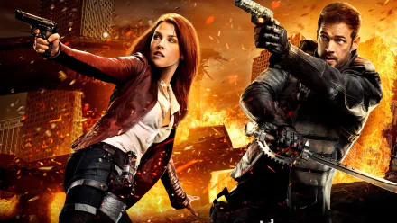 HD wallpaper from the movie Resident Evil: The Final Chapter, featuring characters Christian and Claire Redfield (portrayed by William Levy and Ali Larter) in an intense action scene with flames in the background.