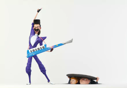 HD desktop wallpaper featuring Balthazar Bratt playing a keytar, with Lucy and Gru from Despicable Me 3 peeking from below.
