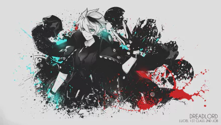 HD PC desktop wallpaper featuring a dynamic, stylized character from the video game Elsword with bold black, white, and red splashes.