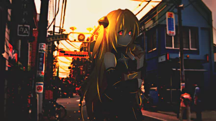 HD wallpaper featuring an anime character from To LOVE-Ru: Darkness standing in a sunset-lit street. The character has long blonde hair and red eyes, creating a striking contrast against the urban background.