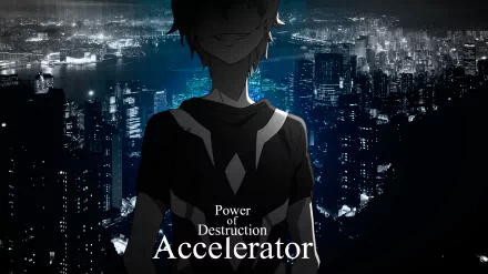HD PC desktop wallpaper of Accelerator from To Aru Kagaku no Accelerator — silhouetted against a neon-lit city skyline with the caption Power of Destruction.