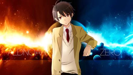 Inaho Kaizuka from Aldnoah.Zero stands confidently between fiery orange and cool blue cosmic backgrounds in this HD anime desktop wallpaper.