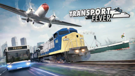 HD desktop wallpaper for Transport Fever featuring a train, a plane, and a cargo ship in dynamic motion.