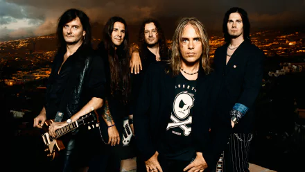 A high-definition desktop wallpaper featuring the heavy metal band Helloween, showcasing five members against a dark, dramatic backdrop. Tags: heavy metal, power metal, music, Helloween.