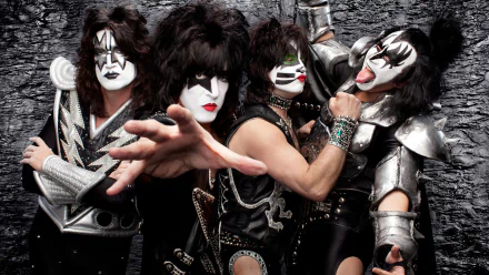 HD desktop wallpaper featuring KISS, the iconic glam metal band, in their signature heavy metal costumes and face paint.