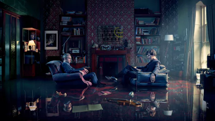 HD desktop wallpaper featuring a scene from Sherlock TV series. Two characters sit in armchairs in a flooded room, surrounded by books and a violin.