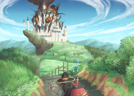 HD PC desktop wallpaper featuring Megumin from KonoSuba standing on a path leading to a burning castle, showcasing vibrant anime art from KonoSuba - God’s blessing on this wonderful world!!.