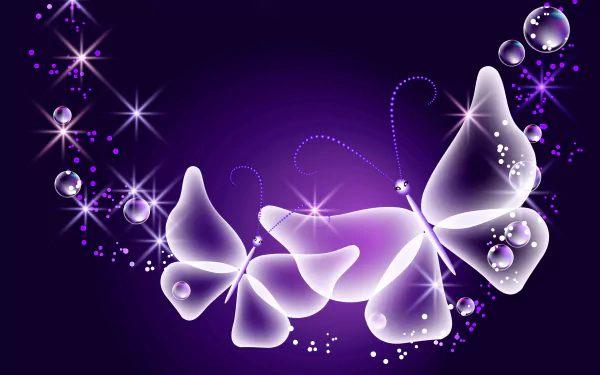 A 4K Ultra HD artistic desktop wallpaper featuring translucent purple butterflies, sparkling bubbles, and twinkling sparkles on a deep purple background.
