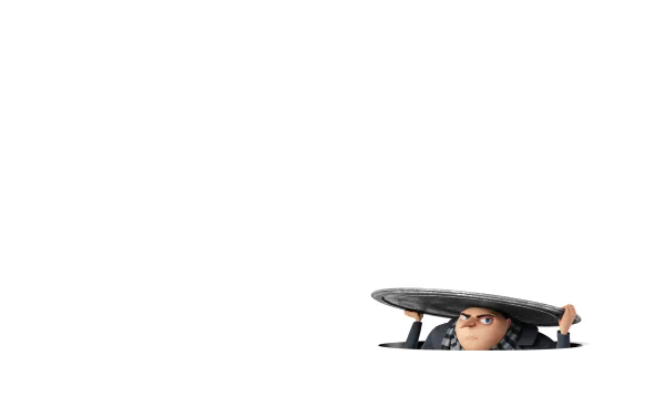 Gru from Despicable Me 3 peeks out of a manhole on a minimalist white background in this HD desktop wallpaper.