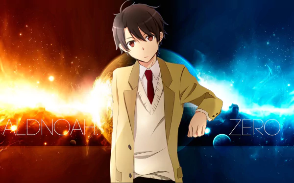 Inaho Kaizuka from Aldnoah.Zero stands confidently between fiery orange and cool blue cosmic backgrounds in this HD anime desktop wallpaper.