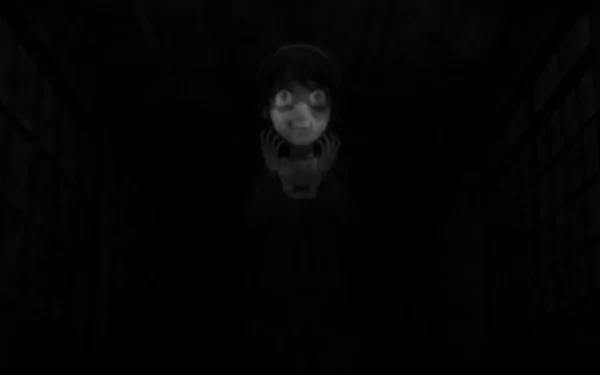 A dark, eerie HD wallpaper featuring Yuka Mochida from the anime Corpse Party, standing in a dimly lit corridor with a haunting expression.