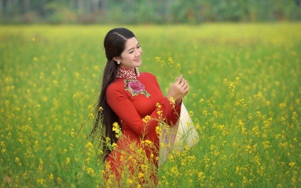 Women Asian Model Depth Of Field Yellow Flower Brunette Smile Red Dress HD Wallpaper | Background Image