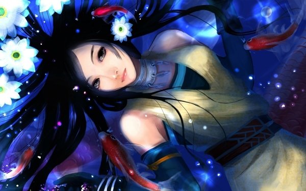 Fantaisie Femmes Asiatique Eau Fleur Poisson Black Hair Pond Lotus Koi Black Eyes Oriental Fond d'écran HD | Image