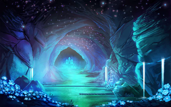 HD desktop wallpaper and background featuring an enchanting cave scene from the video game Undertale, with glowing blue flowers, luminous waterfalls, and a mystical glowing pathway leading to an illuminated cavern.