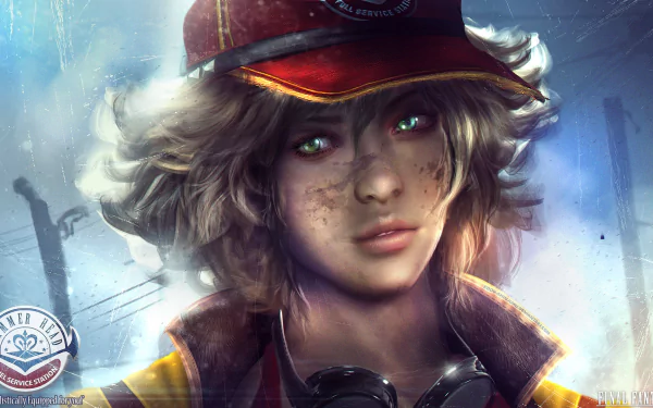 HD PC desktop wallpaper featuring Cindy Aurum from the video game Final Fantasy XV, showcasing her detailed face with glowing green eyes and a worn cap.