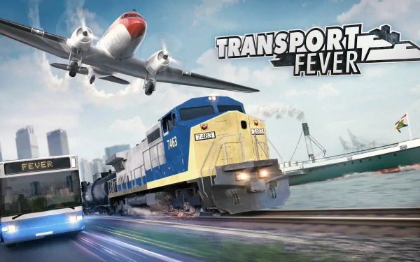 HD desktop wallpaper for Transport Fever featuring a train, a plane, and a cargo ship in dynamic motion.