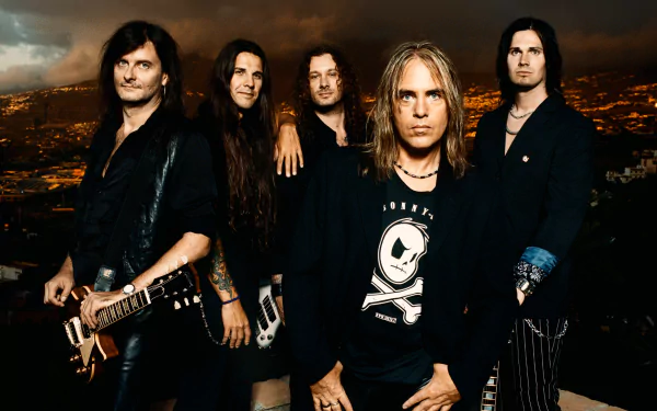 A high-definition desktop wallpaper featuring the heavy metal band Helloween, showcasing five members against a dark, dramatic backdrop. Tags: heavy metal, power metal, music, Helloween.