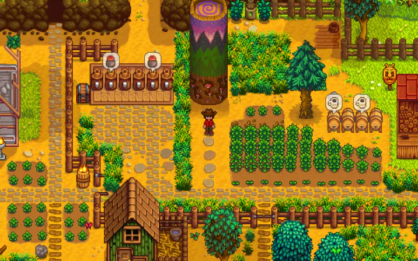 HD desktop wallpaper of Stardew Valley, featuring a vibrant farm scene with crops, paths, and a character.