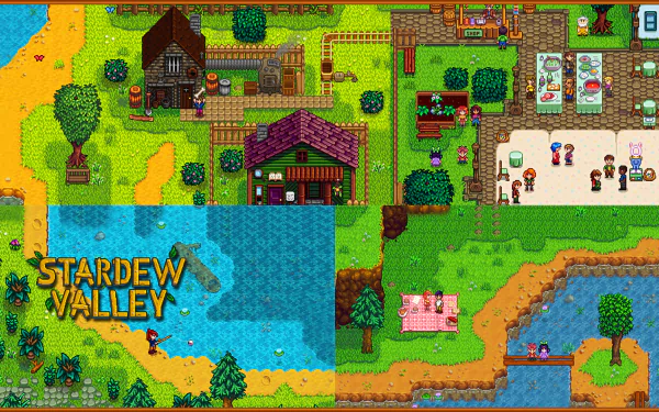 HD desktop wallpaper featuring the colorful, pixelated world of Stardew Valley, including scenes of a farm, villagers, and the game's logo.