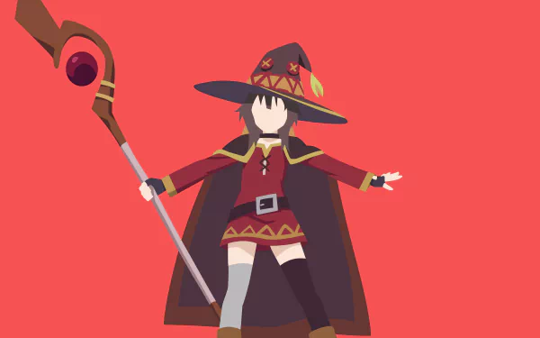 Minimalist 8K Ultra HD anime wallpaper featuring Megumin from KonoSuba – God’s Blessing on This Wonderful World!! holding her staff against a solid red background.