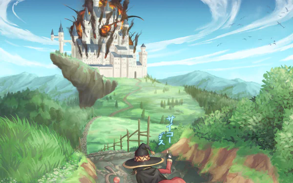 HD PC desktop wallpaper featuring Megumin from KonoSuba standing on a path leading to a burning castle, showcasing vibrant anime art from KonoSuba - God’s blessing on this wonderful world!!.