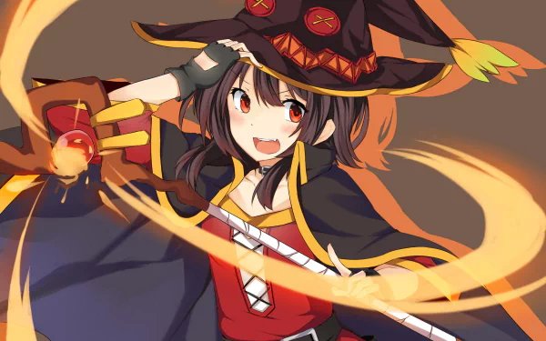 HD desktop wallpaper featuring Megumin from the anime KonoSuba - God's Blessing on This Wonderful World!!, showcasing her colorful outfit and a vibrant magical spell.