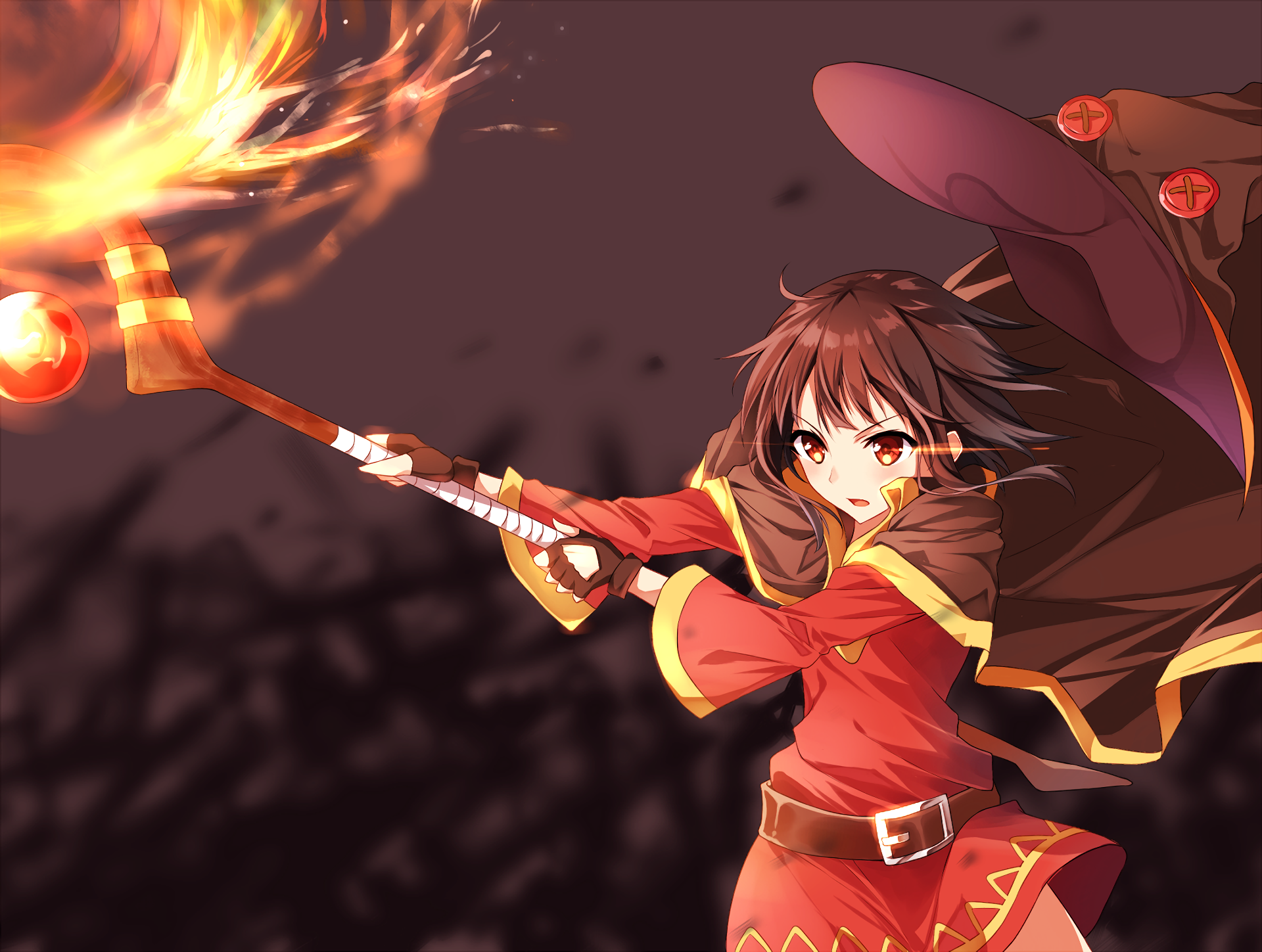 HD PC desktop wallpaper featuring Megumin from KonoSuba casting a fiery spell, showcasing vibrant anime art from KonoSuba - God’s blessing on this wonderful world!!.