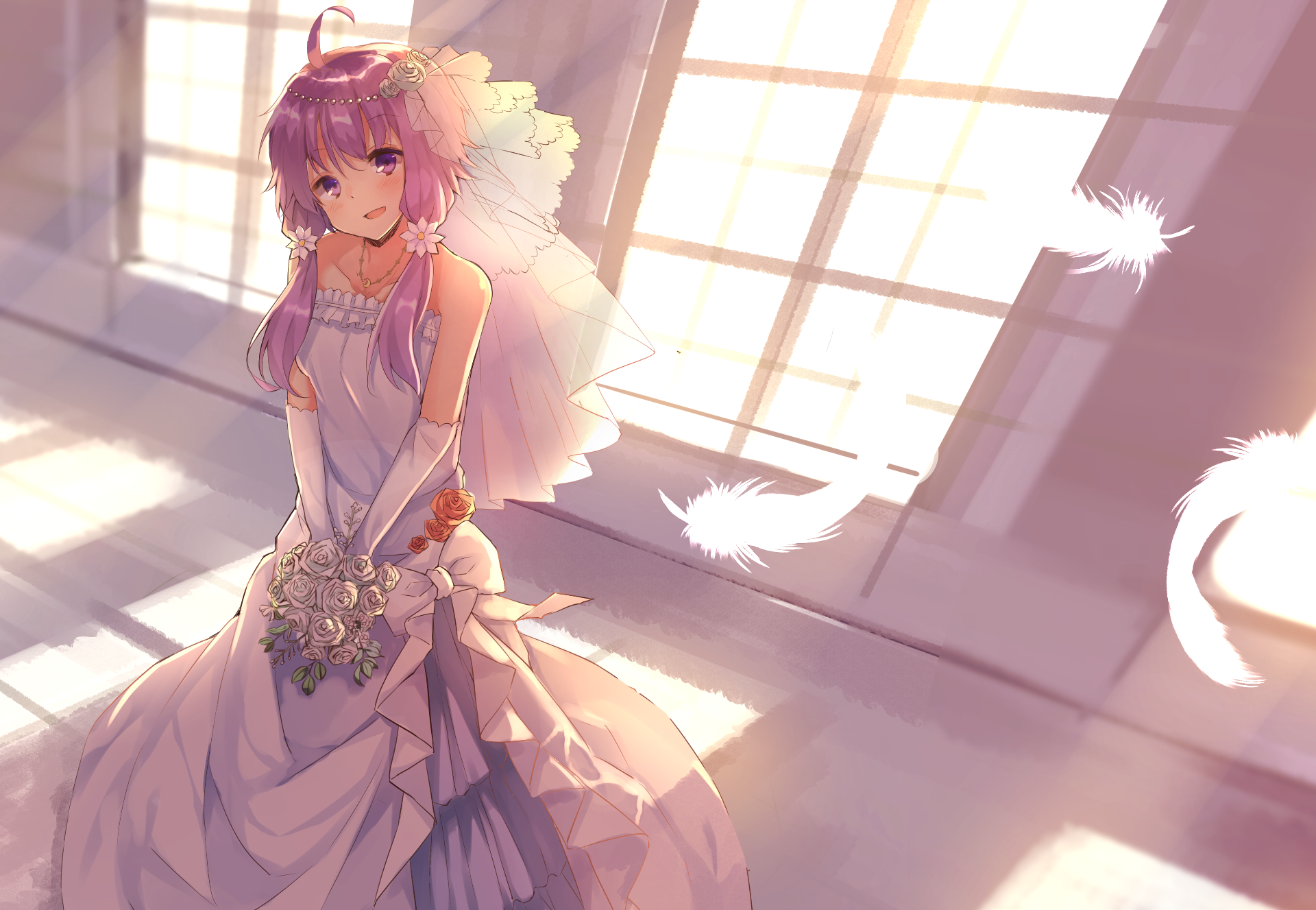 Anime character Yuzuki Yukari from Vocaloid in a wedding dress, standing in a sunlit room. HD desktop wallpaper.