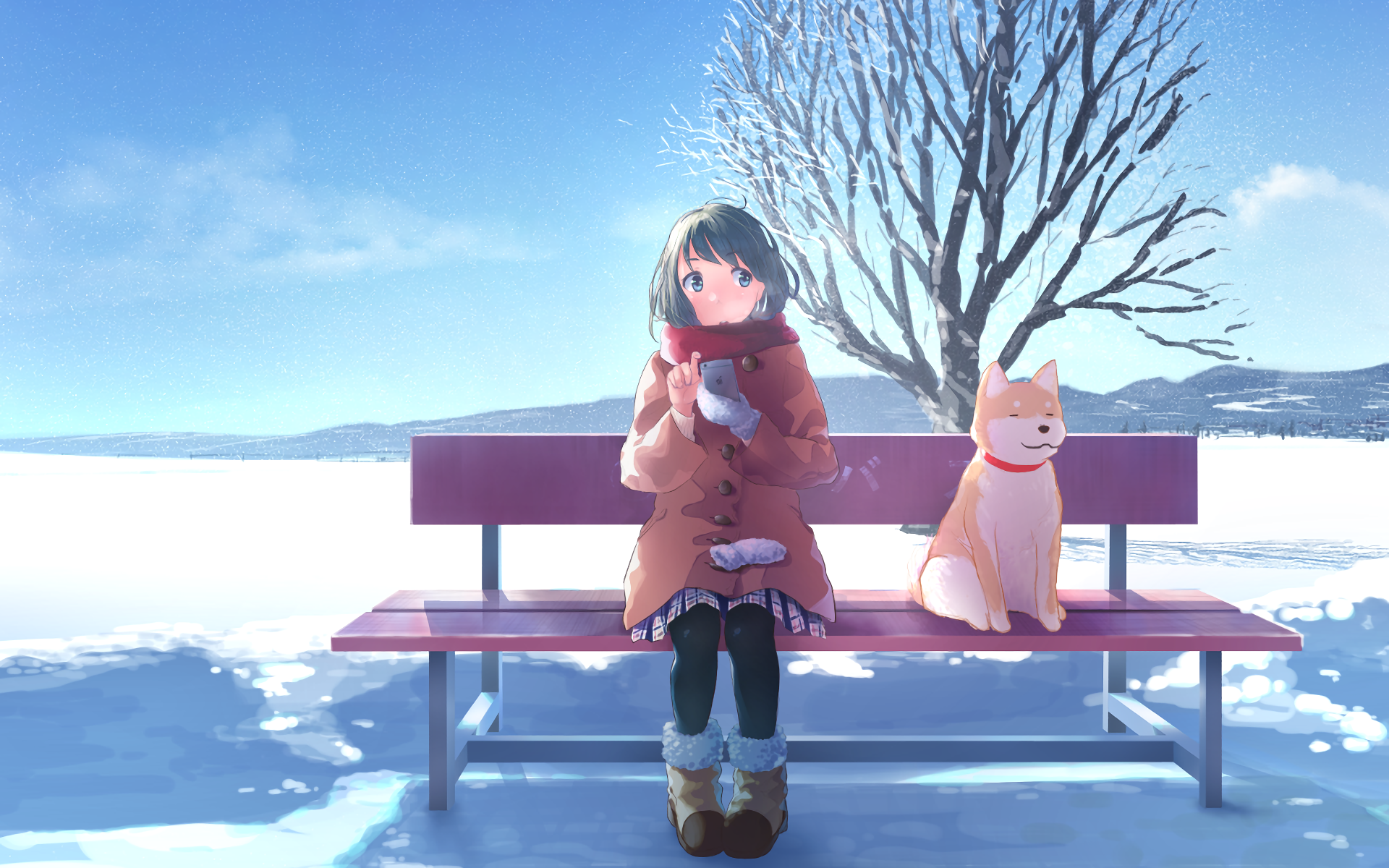 HD anime-style PC desktop wallpaper depicting a girl in a red coat sitting on a bench with a dog, against a snowy landscape and clear blue sky.