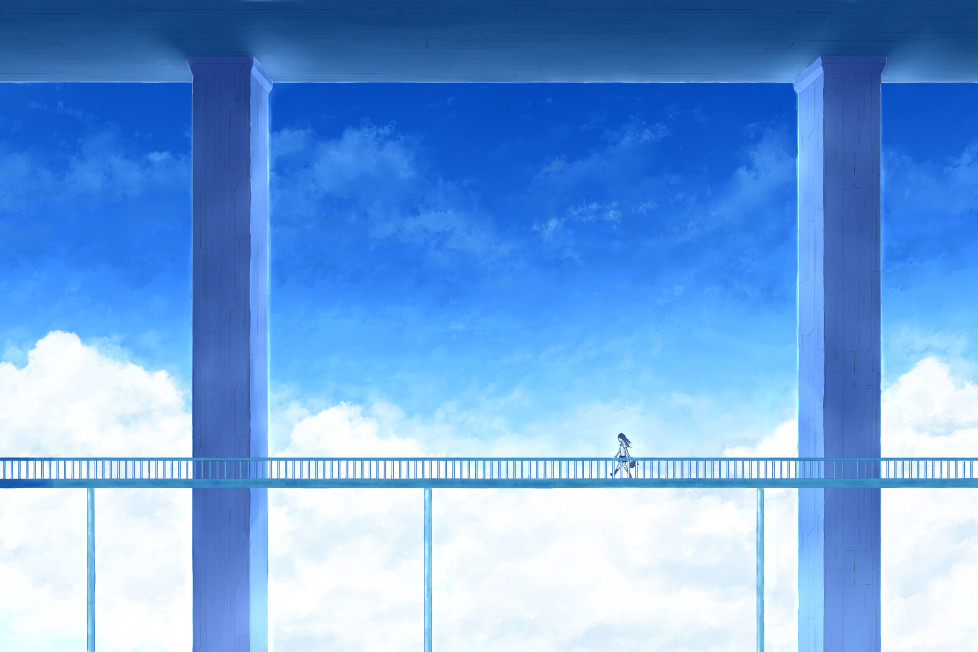 An original anime HD wallpaper featuring a serene sky view with fluffy clouds and a bridge spanning between two tall pillars, capturing a peaceful moment.