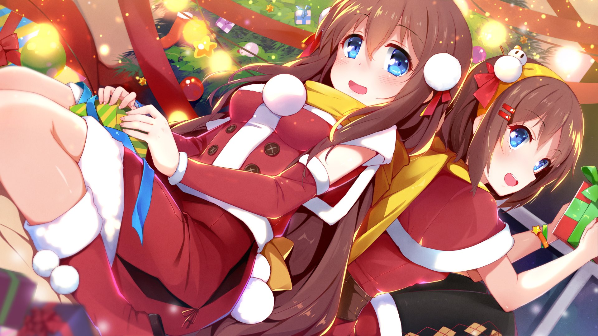 Anime-style original artwork featuring two girls in festive red and white outfits, captured in vibrant 4K Ultra HD quality for a PC desktop wallpaper background.