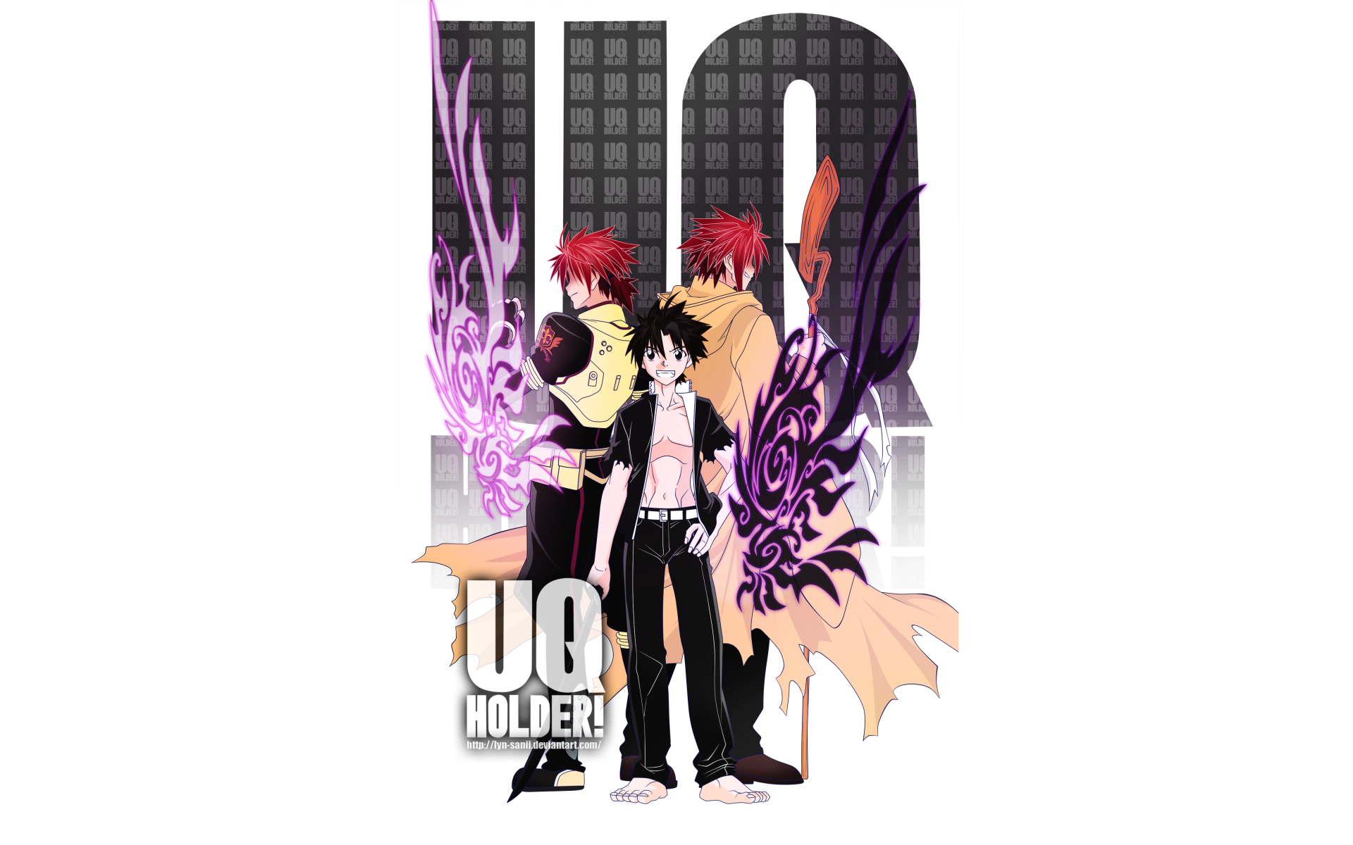 UQ Holder! anime 4K Ultra HD PC desktop wallpaper: three characters posed before the series logo, purple energy wings and a stylized city backdrop.