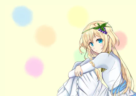 Anime character Iris from KonoSuba is featured in this HD desktop wallpaper from KonoSuba - God’s Blessing on This Wonderful World!! against a soft, pastel background with colorful circles.