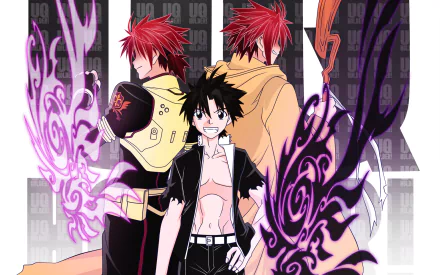 Anime HD PC desktop wallpaper featuring three characters from UQ Holder! with dynamic poses and glowing purple magical effects.