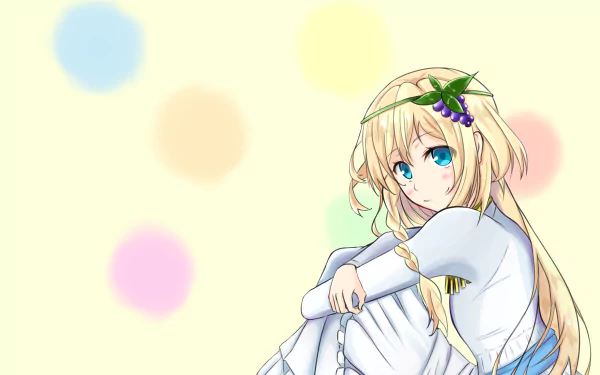 Anime character Iris from KonoSuba is featured in this HD desktop wallpaper from KonoSuba - God’s Blessing on This Wonderful World!! against a soft, pastel background with colorful circles.