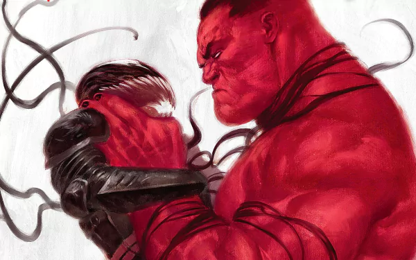 HD PC desktop wallpaper/background: Red Hulk (Thunderbolts comic) grips a masked, armored foe as dark cables coil around them in an intense comic-style close-up.
