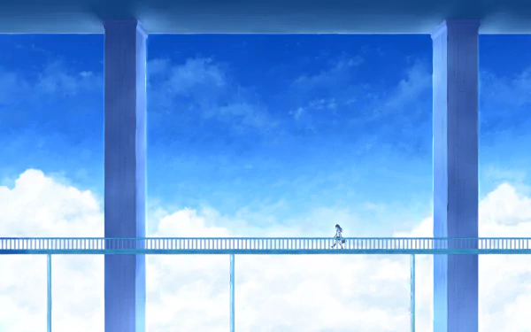 An original anime HD wallpaper featuring a serene sky view with fluffy clouds and a bridge spanning between two tall pillars, capturing a peaceful moment.