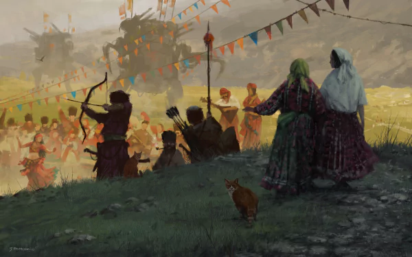 HD desktop wallpaper with a serene pastoral scene, featuring figures observing a festival with scythes and a meandering cat.