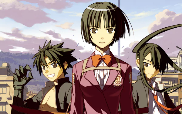 HD PC desktop wallpaper featuring three characters from the anime UQ Holder! standing against a scenic sky and city backdrop.