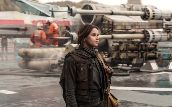 HD wallpaper featuring Jyn Erso (Felicity Jones) from the movie Rogue One: A Star Wars Story, standing in front of a starship with crew members in the background.